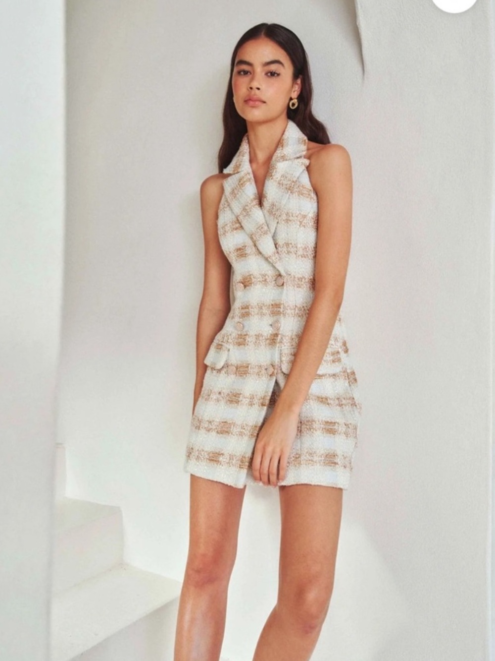elliatt ashlyn blue gold cream button front tweed halter mini dress small NEW